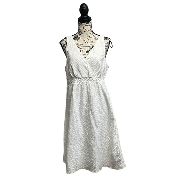 Swiss Dot Womens Ivory Midi Dress Vneck Aline Cotton Beach Boho L Cruise Classic - Picture 1 of 7